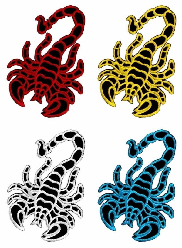 Skorpion Aufnäher zum aufbügeln oder annähen in Rot, Weiß, Gelb, Türkis